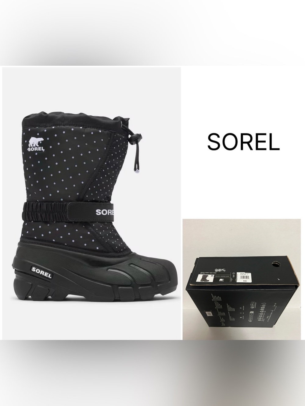 SOREL - 3 - NWT - UNISEX KIDS / YOUTH - BLACK WHITE POLKA DOT FLURRY SNOW BOOTS